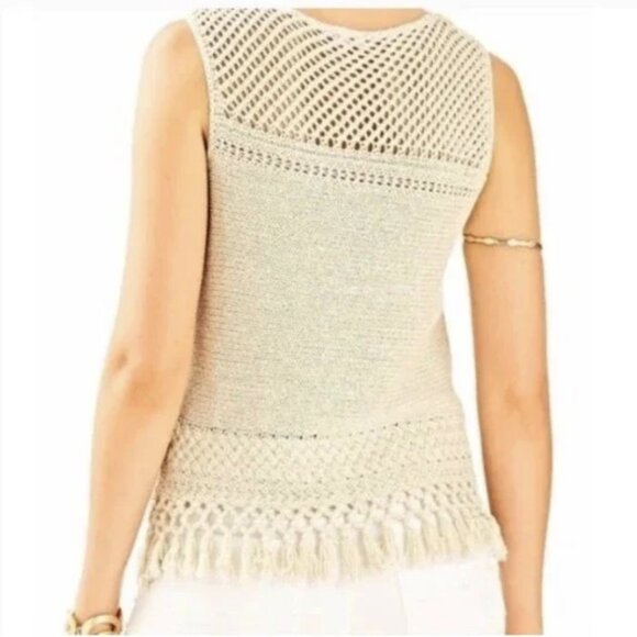 Lilly Pulitzer Limon Beige Gold Metallic Crochet Fringe Tank Tunic Sweater Sz XL - Picture 4 of 13